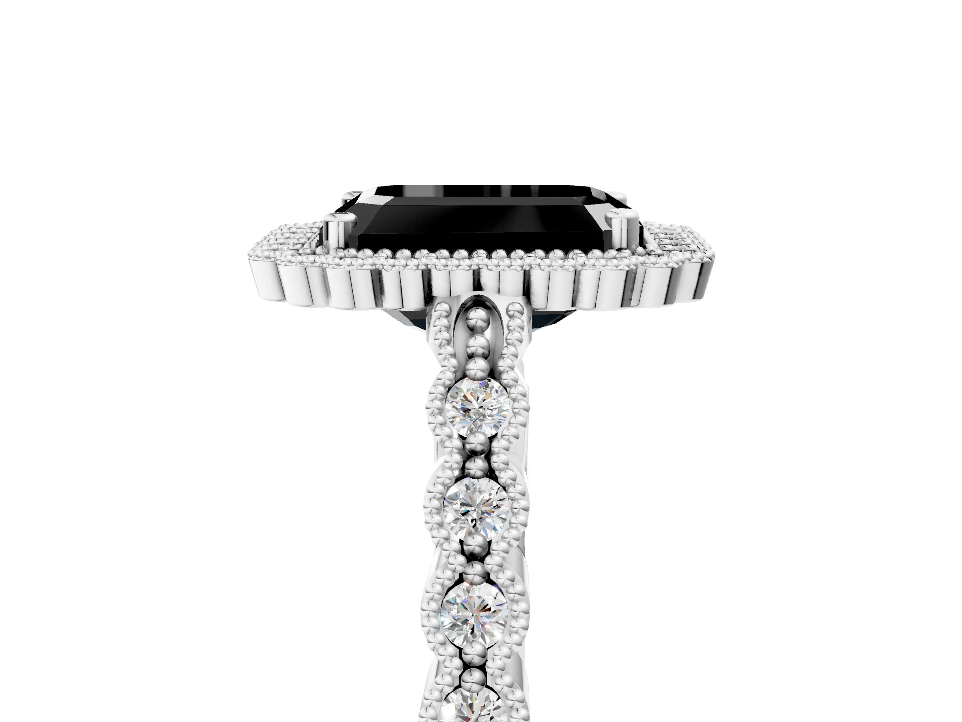 White gold Fancy Black Emerald Cut Cut Halo Pavé Solitaire Ring with Milgrain Band_17