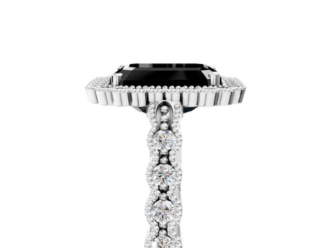 White gold Fancy Black Emerald Cut Cut Halo Pavé Solitaire Ring with Milgrain Band_17