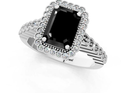 White gold Fancy Black Emerald Cut Cut Halo Pavé Solitaire Ring with Milgrain Band_1