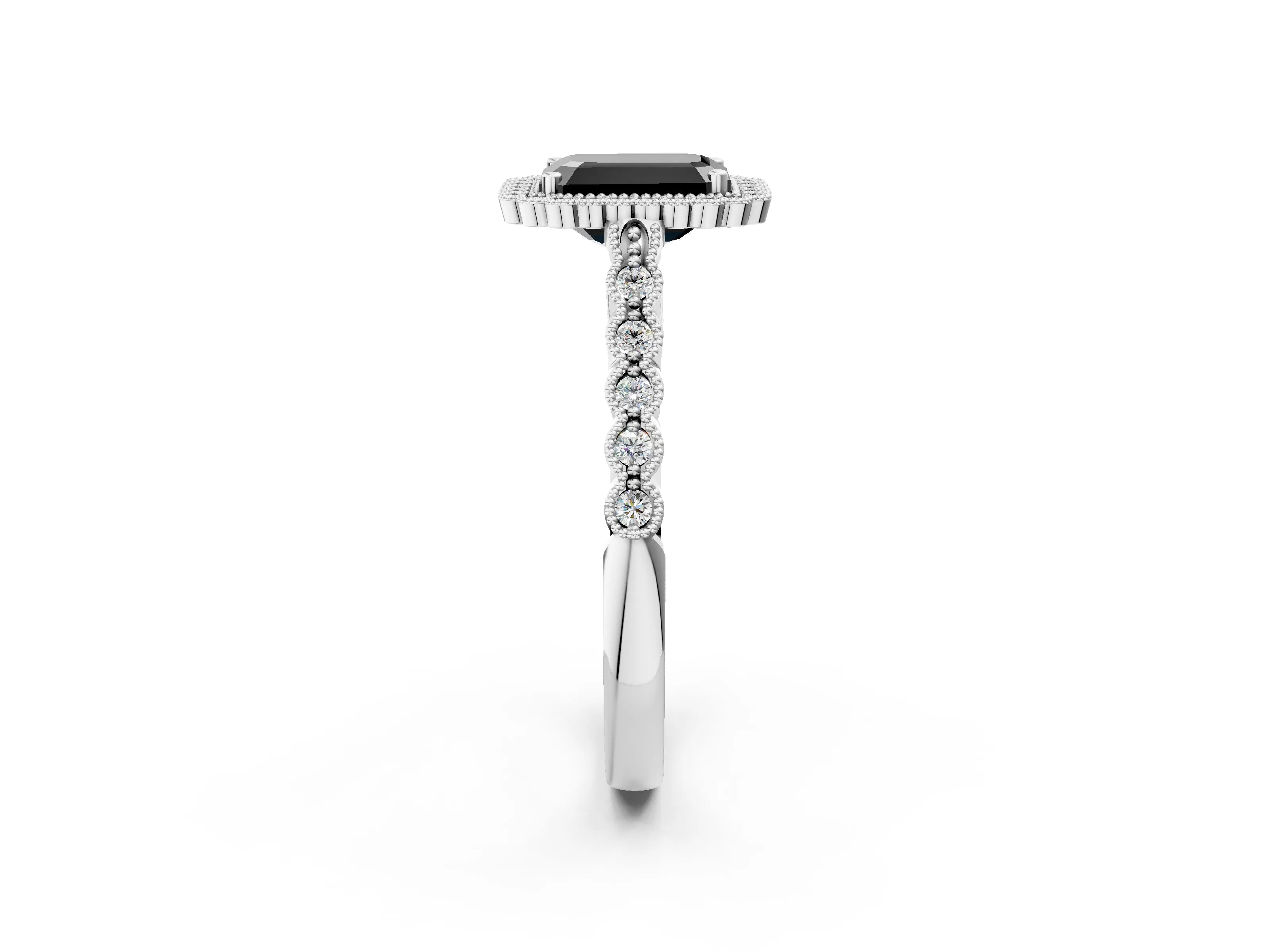White gold Fancy Black Emerald Cut Cut Halo Pavé Solitaire Ring with Milgrain Band_2
