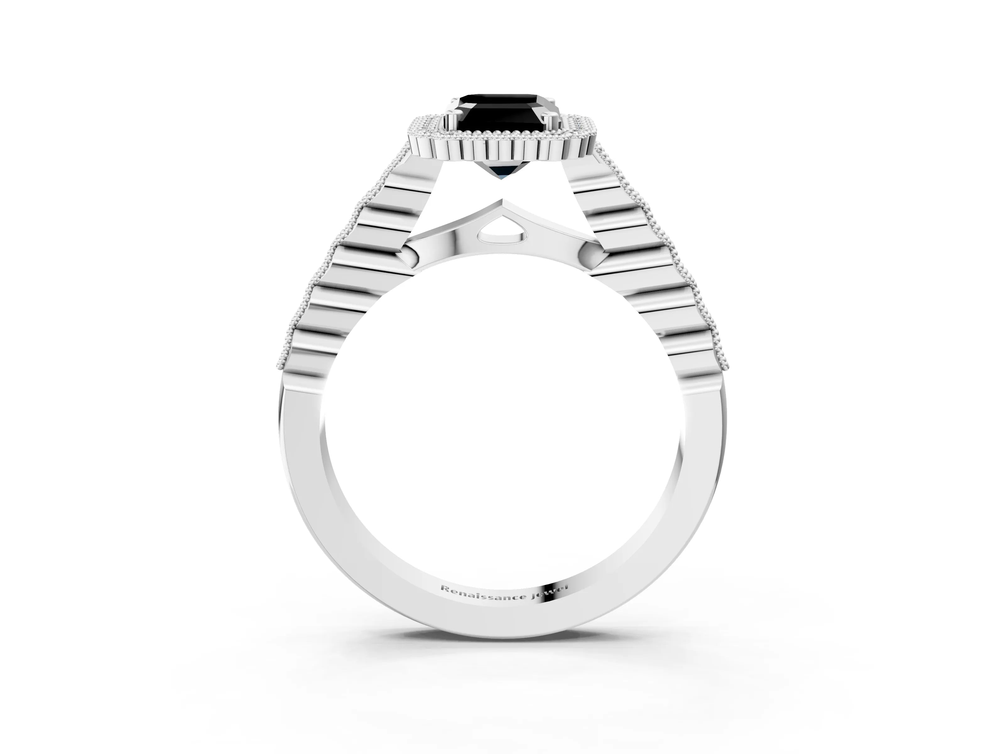 White gold Fancy Black Emerald Cut Cut Halo Pavé Solitaire Ring with Milgrain Band_3
