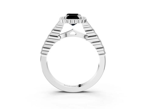 White gold Fancy Black Emerald Cut Cut Halo Pavé Solitaire Ring with Milgrain Band_3