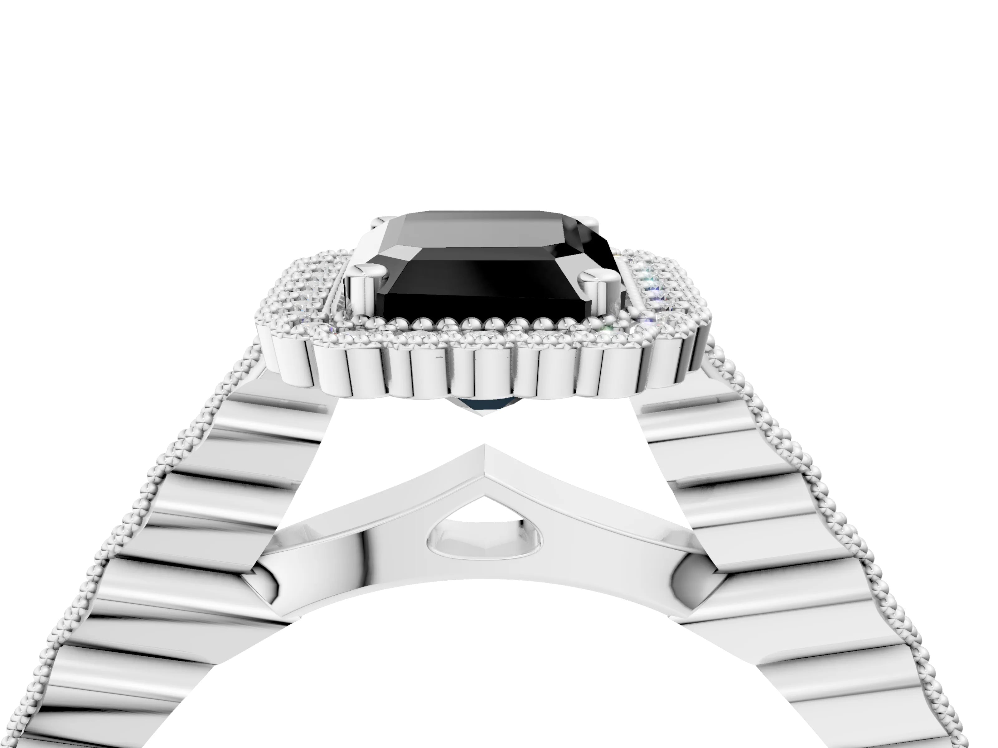 White gold Fancy Black Emerald Cut Cut Halo Pavé Solitaire Ring with Milgrain Band_4