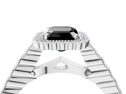 White gold Fancy Black Emerald Cut Cut Halo Pavé Solitaire Ring with Milgrain Band_4
