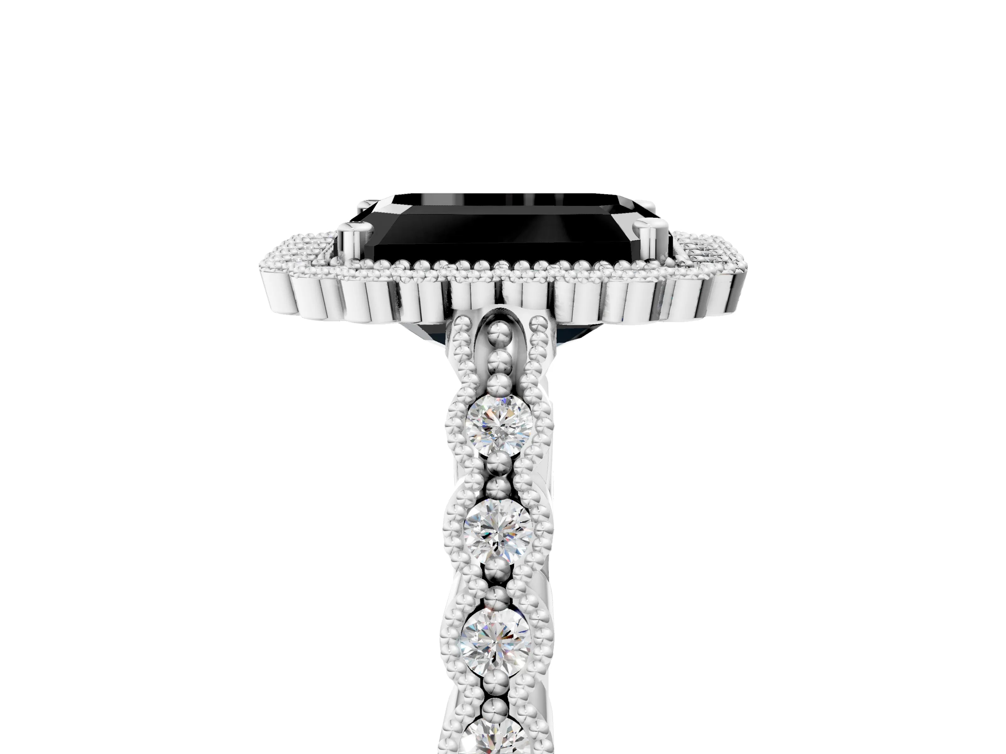 White gold Fancy Black Emerald Cut Cut Halo Pavé Solitaire Ring with Milgrain Band_5