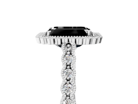 White gold Fancy Black Emerald Cut Cut Halo Pavé Solitaire Ring with Milgrain Band_5