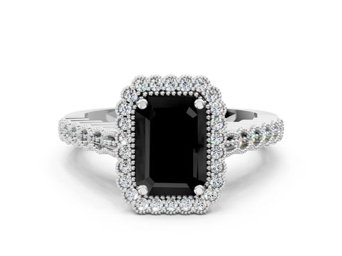 White gold Fancy Black Emerald Cut Cut Halo Pavé Solitaire Ring with Milgrain Band