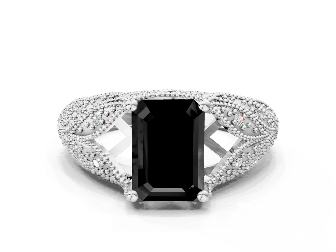 White gold Fancy Black Emerald Cut Cut Milgrain Pave Diamond Engagement Ring with Four-Prong Setting_15