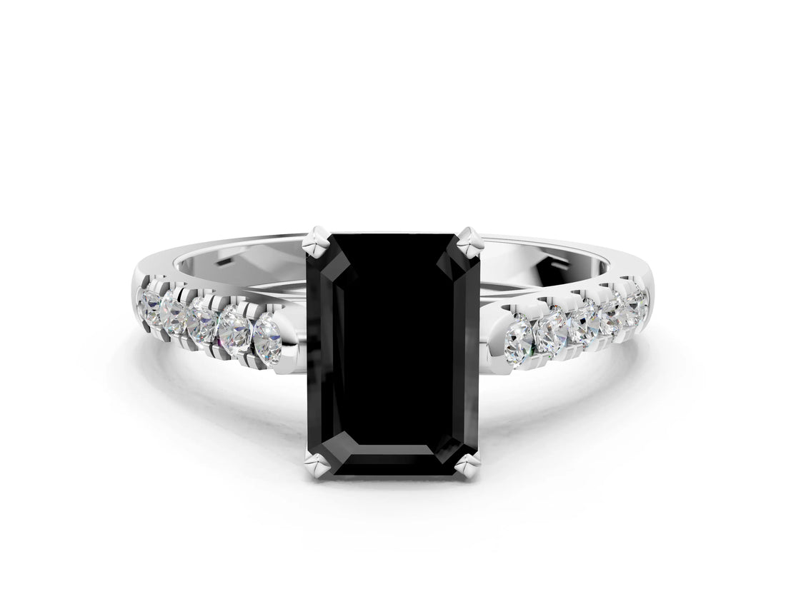 White gold Fancy Black Emerald Cut Cut Pavé Band Solitaire Ring with Four-Prong Setting