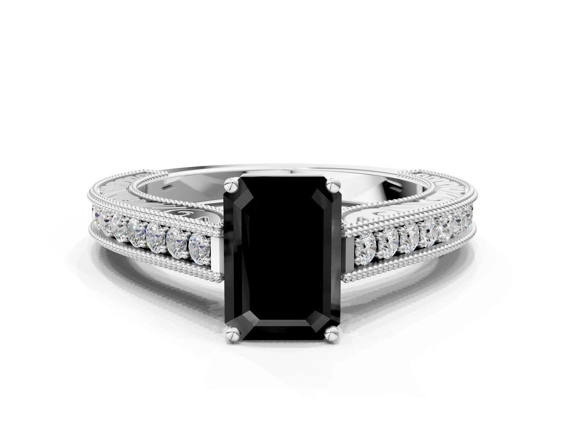 White gold Fancy Black Emerald Cut Cut Pave Band Milgrain Solitaire Ring