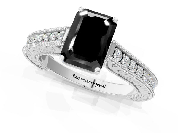 Platinum Emerald Cut Vintage Pave Engagement Ring Setting for Black Center