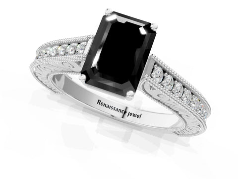White gold Fancy Black Emerald Cut Cut Pave Band Milgrain Solitaire Ring_1