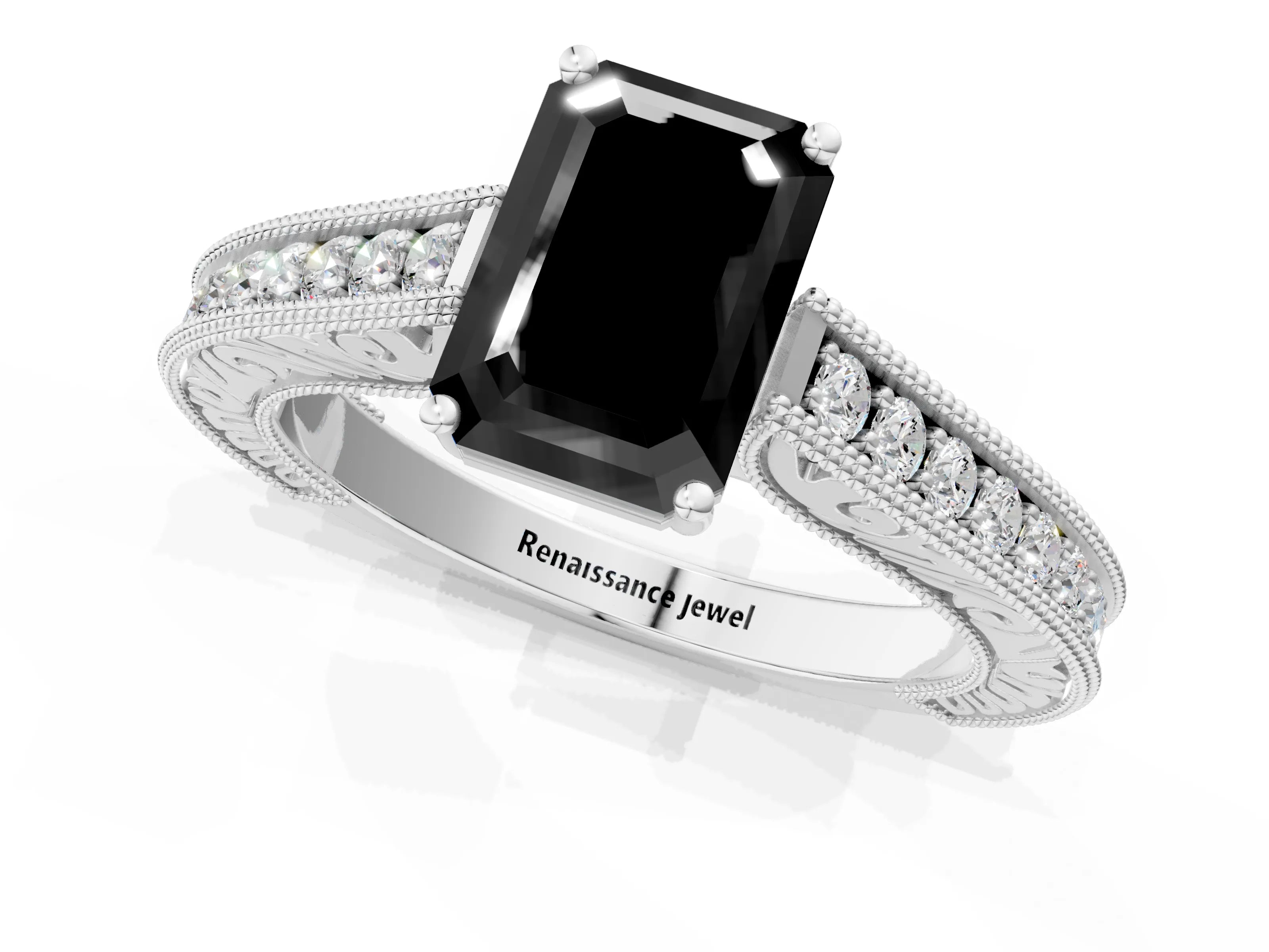 White gold Fancy Black Emerald Cut Cut Pave Band Milgrain Solitaire Ring_1