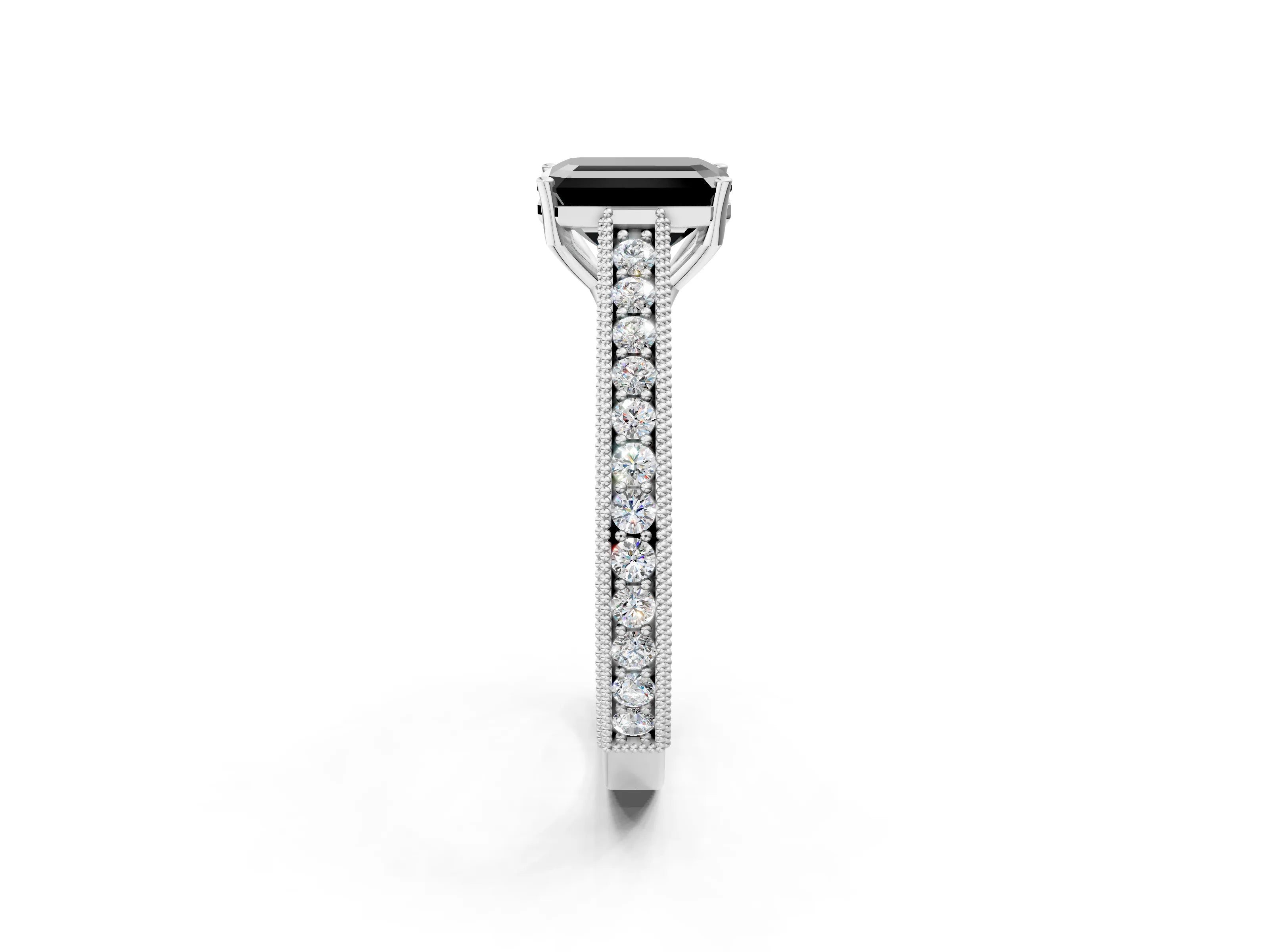 White gold Fancy Black Emerald Cut Cut Pave Band Milgrain Solitaire Ring_2