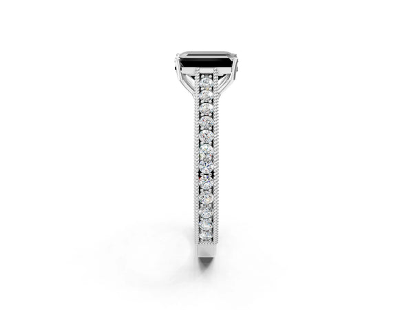 Platinum Emerald Cut Vintage Pave Engagement Ring Setting for Black Center