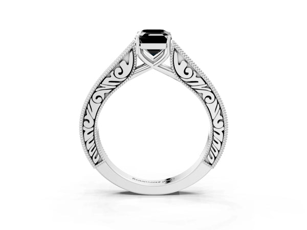 Platinum Emerald Cut Vintage Pave Engagement Ring Setting for Black Center