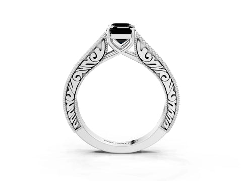 White gold Fancy Black Emerald Cut Cut Pave Band Milgrain Solitaire Ring_3