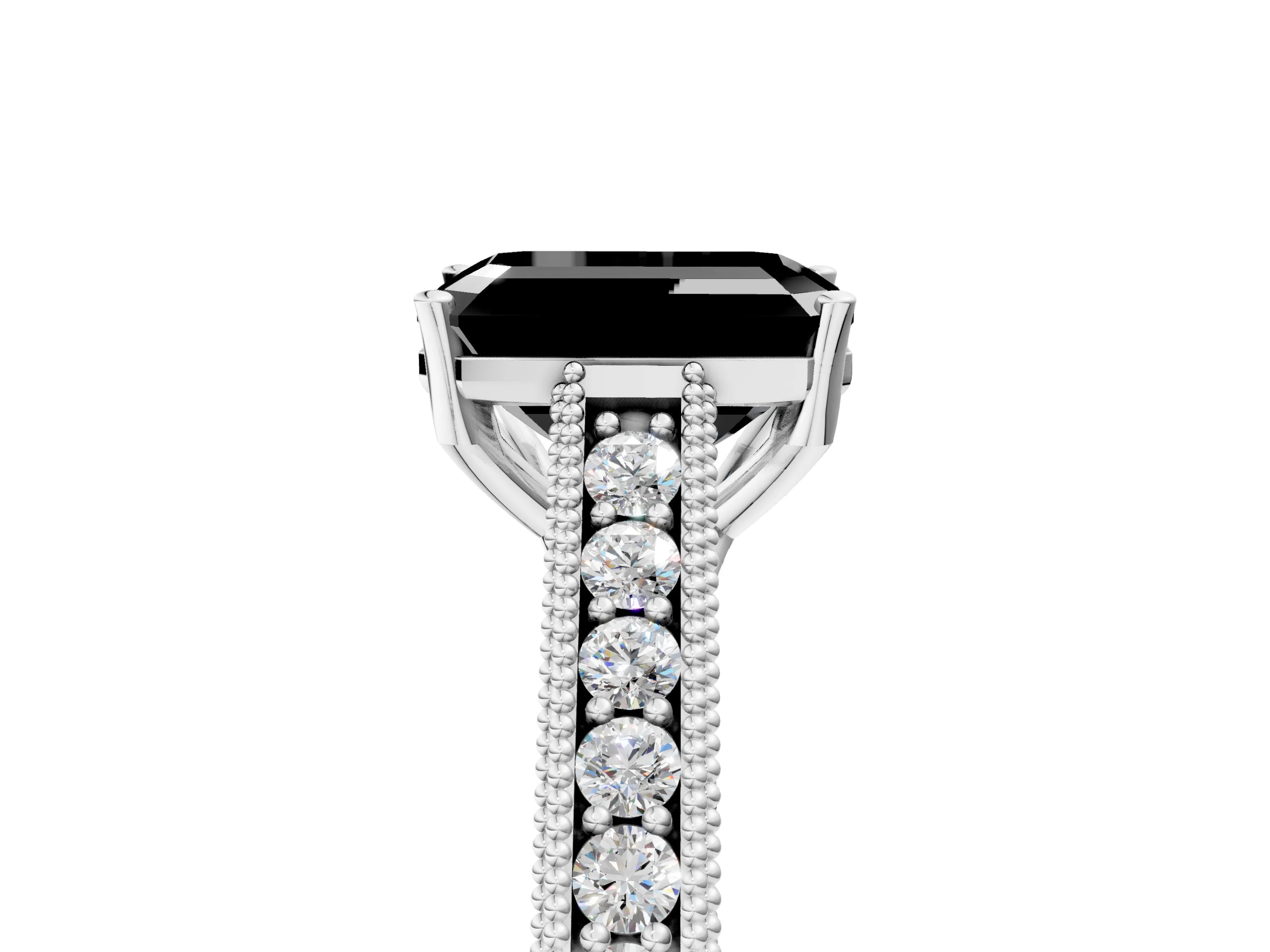 White gold Fancy Black Emerald Cut Cut Pave Band Milgrain Solitaire Ring_5