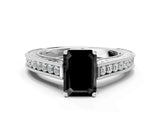White gold Fancy Black Emerald Cut Cut Pave Band Milgrain Solitaire Ring