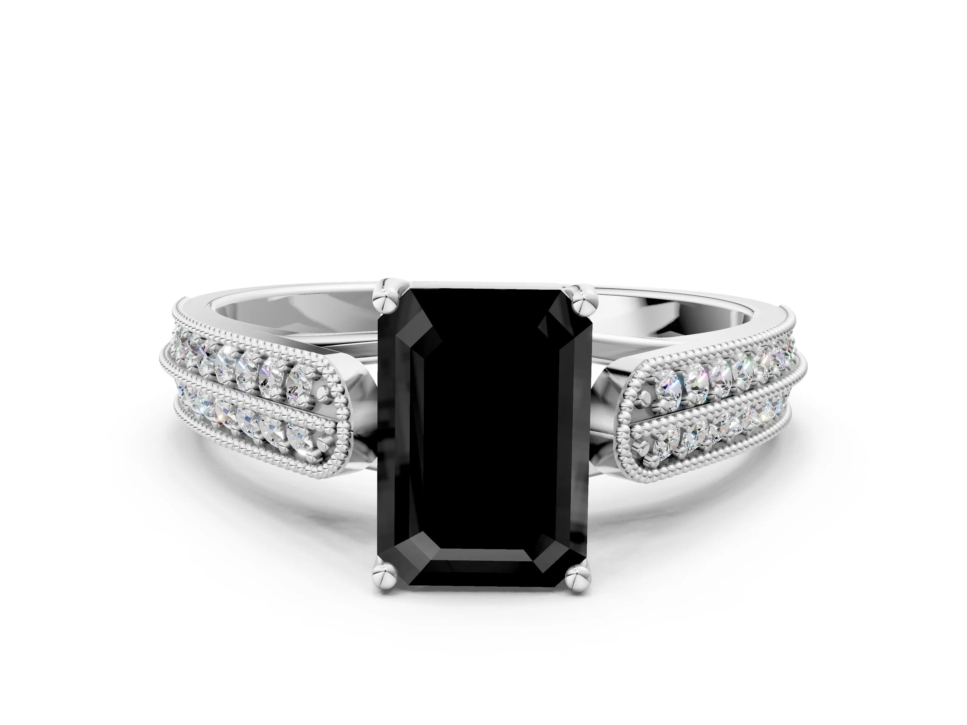 White gold Fancy Black Emerald Cut Cut Pave Split Shank Engagement Ring with Four-Prong Setting_12