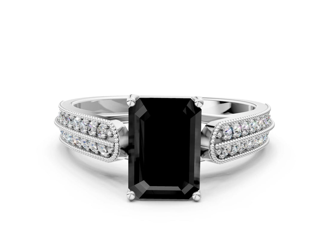 White gold Fancy Black Emerald Cut Cut Pave Split Shank Engagement Ring with Four-Prong Setting_12