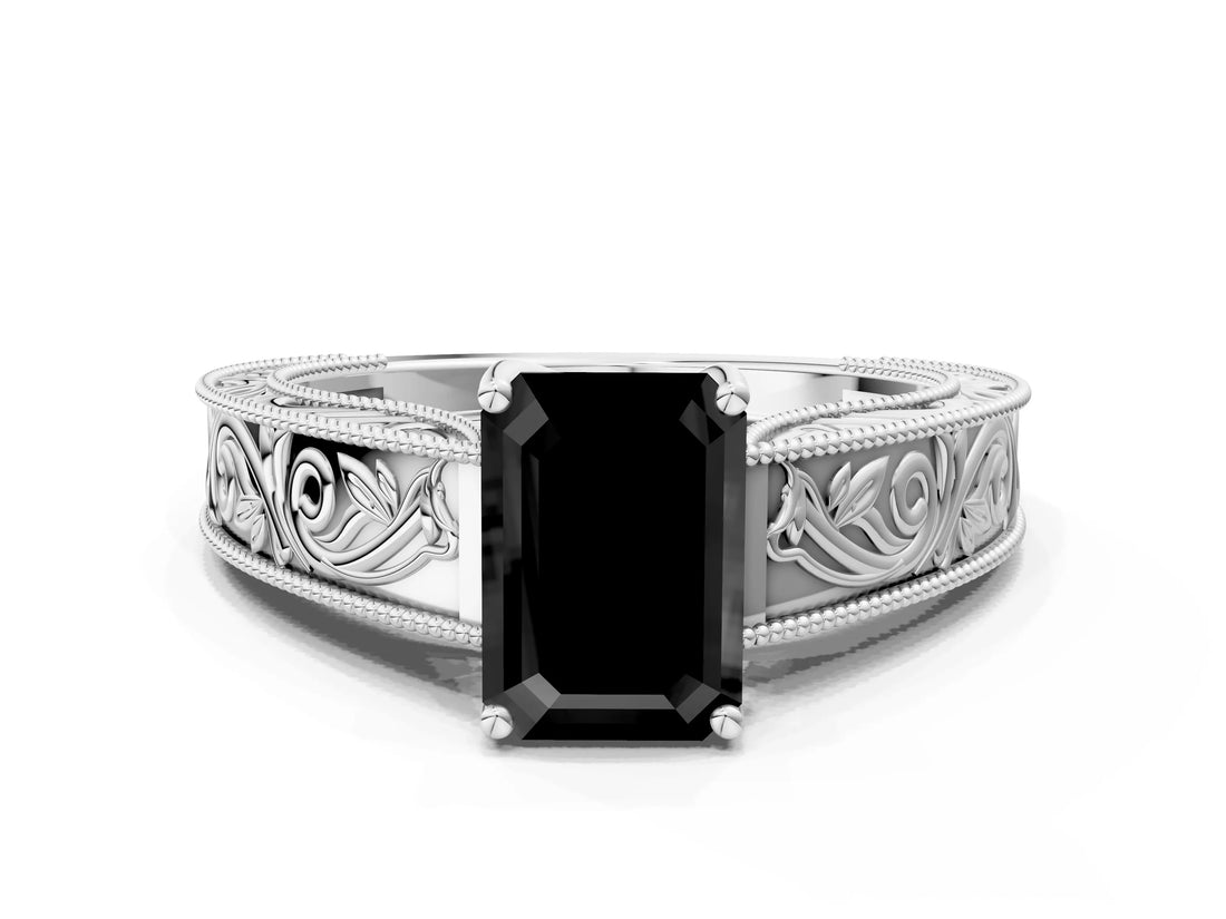 White gold Fancy Black Emerald Cut Cut Solitaire Engraved Band with Four-Prong Setting