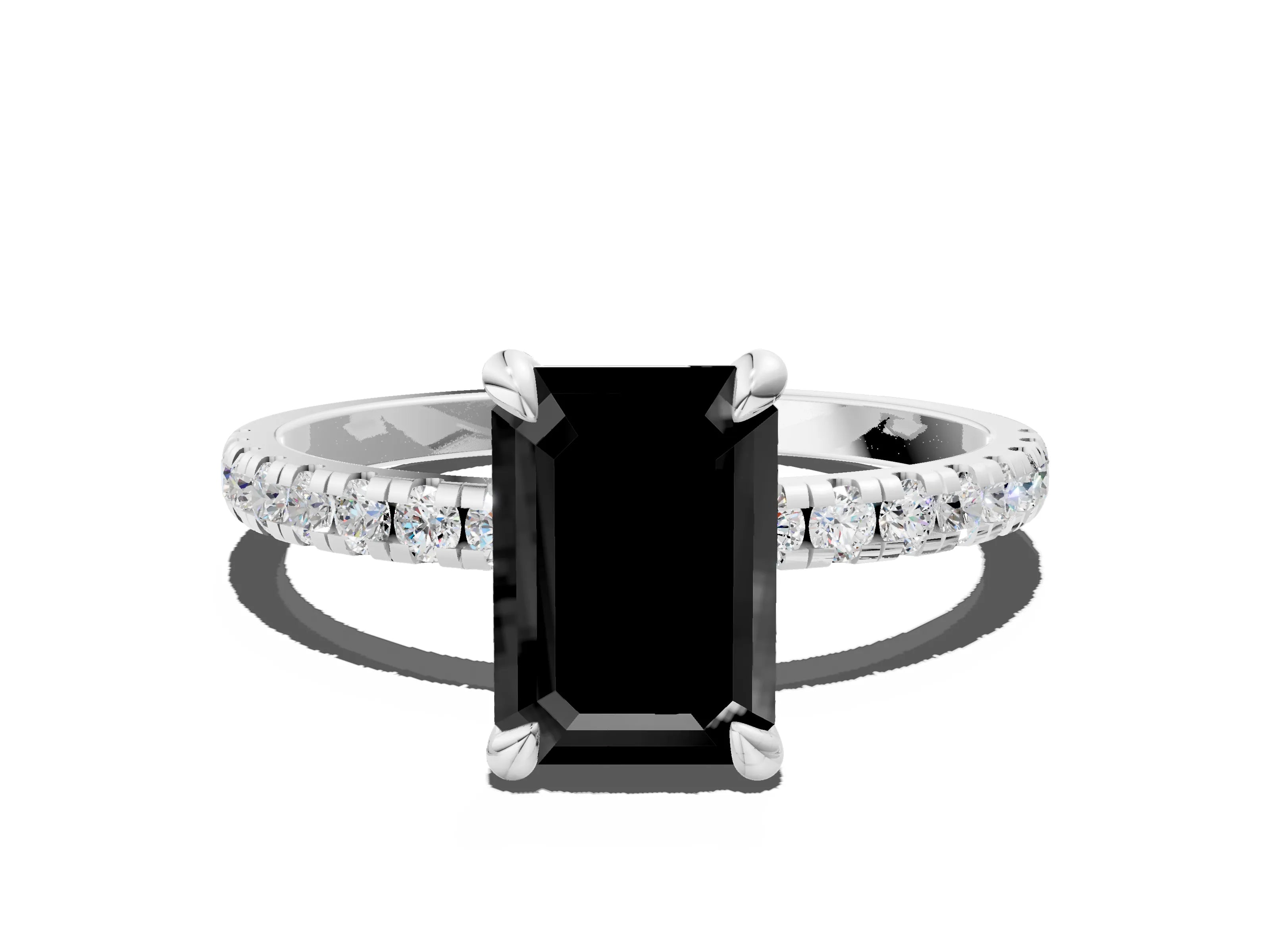 White gold Fancy Black Emerald Cut Diamond Brilliant Solitaire Ring with Pavé Band and Four-Prong Setting