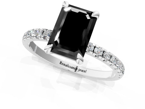 White gold Fancy Black Emerald Cut Diamond Brilliant Solitaire Ring with Pavé Band and Four-Prong Setting_1