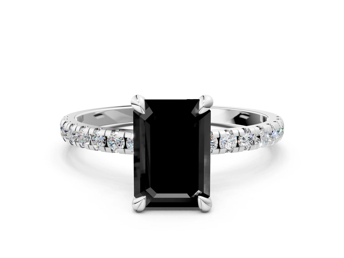 White gold Fancy Black Emerald Cut Diamond Brilliant Solitaire Ring with Pavé Band and Four-Prong Setting_24