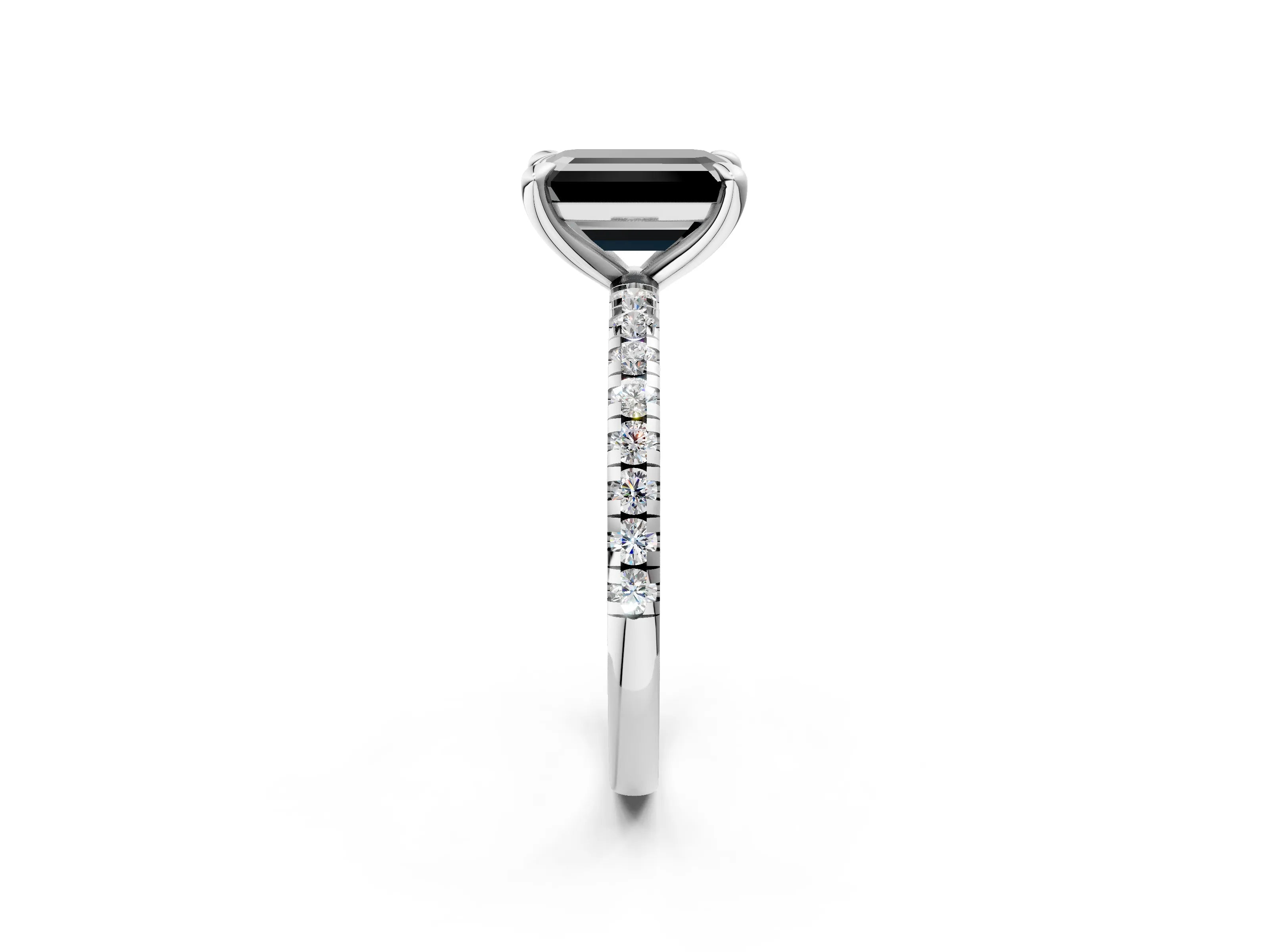 White gold Fancy Black Emerald Cut Diamond Brilliant Solitaire Ring with Pavé Band and Four-Prong Setting_2