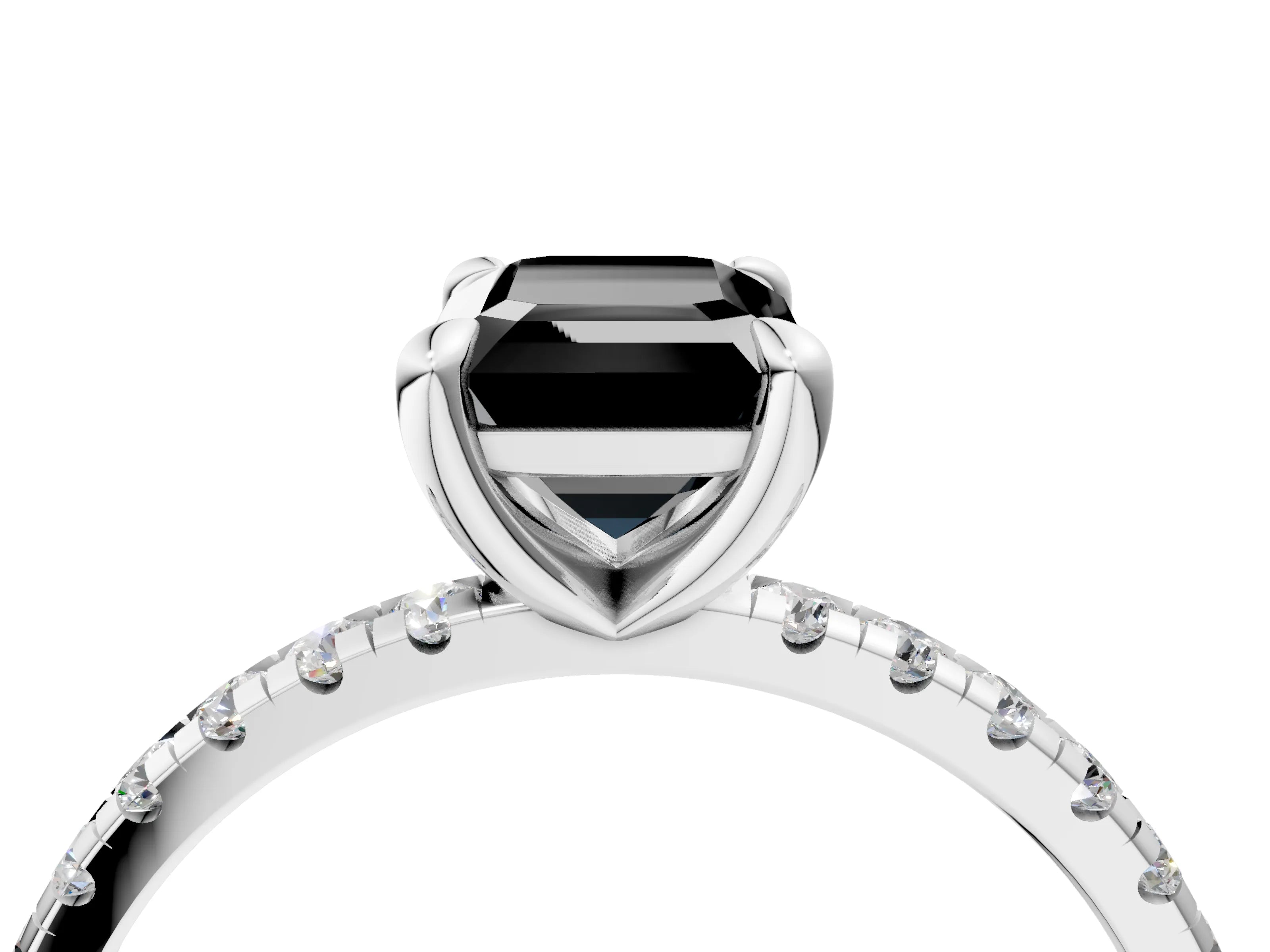 White gold Fancy Black Emerald Cut Diamond Brilliant Solitaire Ring with Pavé Band and Four-Prong Setting_4