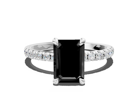White gold Fancy Black Emerald Cut Diamond Brilliant Solitaire Ring with Pavé Band and Four-Prong Setting
