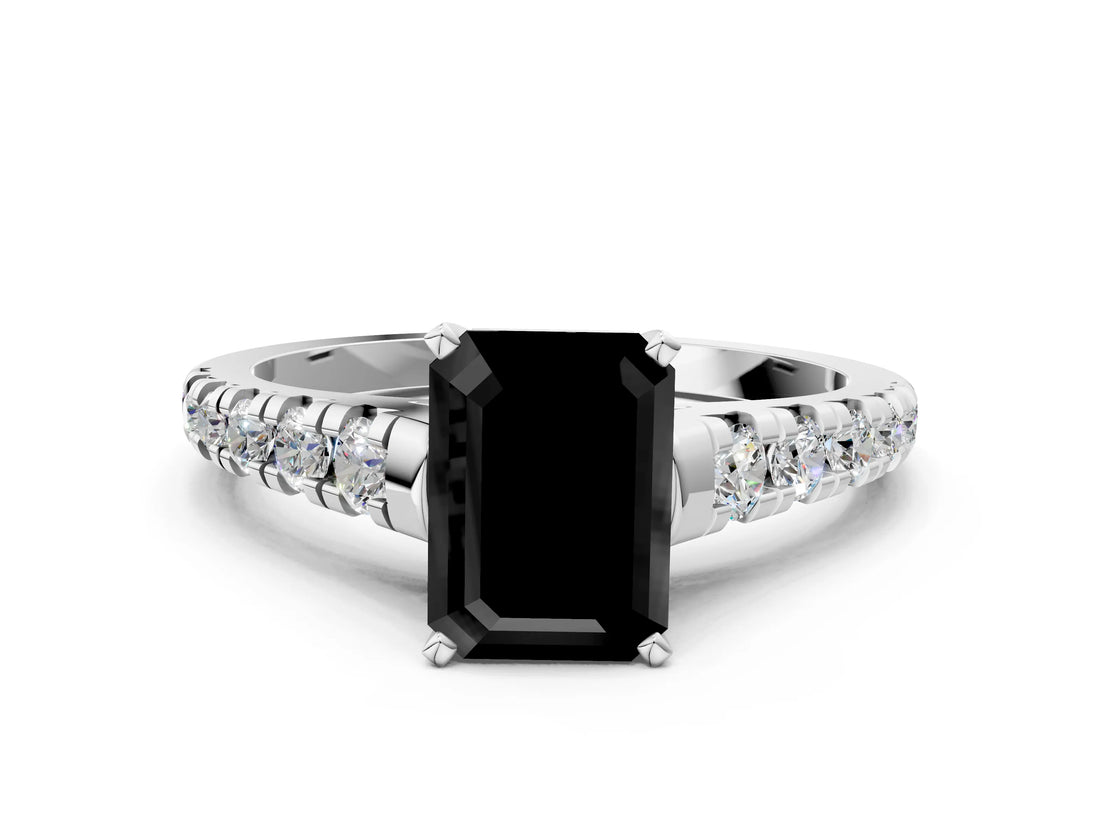 White gold Fancy Black Emerald Cut Diamond Cathedral Solitaire Ring with Round  Pavé Band_42