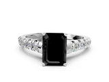 White gold Fancy Black Emerald Cut Diamond Cathedral Solitaire Ring with Round  Pavé Band_48