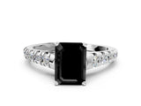 White gold Fancy Black Emerald Cut Diamond Cathedral Solitaire Ring with Round  Pavé Band_59