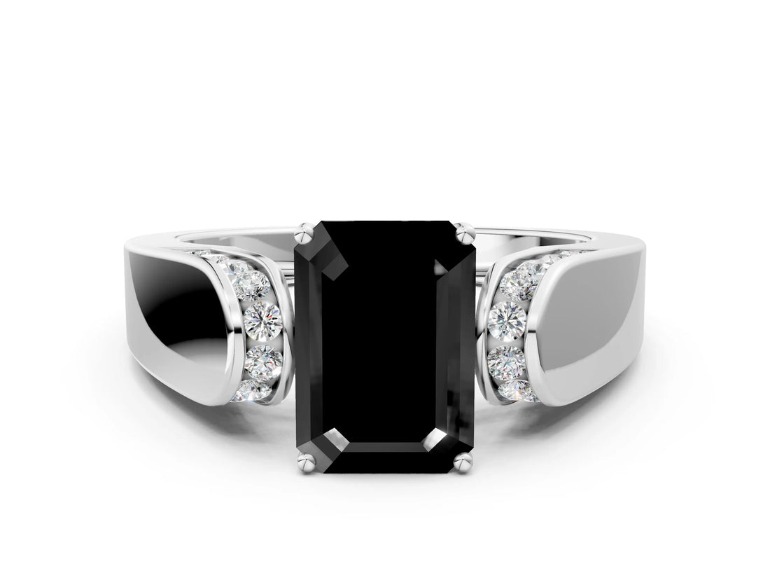 White gold Fancy Black Emerald Cut Diamond Channel Set Solitaire Ring with Four-Prong Setting_12