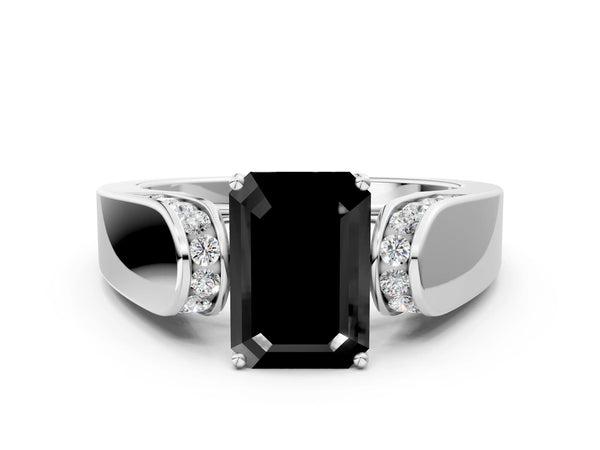 White Gold Emerald Cut Channel Set Engagement Ring Setting for Black Center with Wide Band