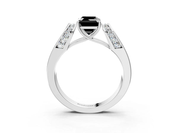 White Gold Emerald Cut Channel Set Engagement Ring Setting for Black Center with Wide Band