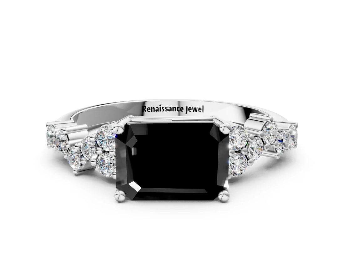White gold Fancy Black Emerald Cut Diamond Cluster Pavé Band with Four-Prong Setting_12