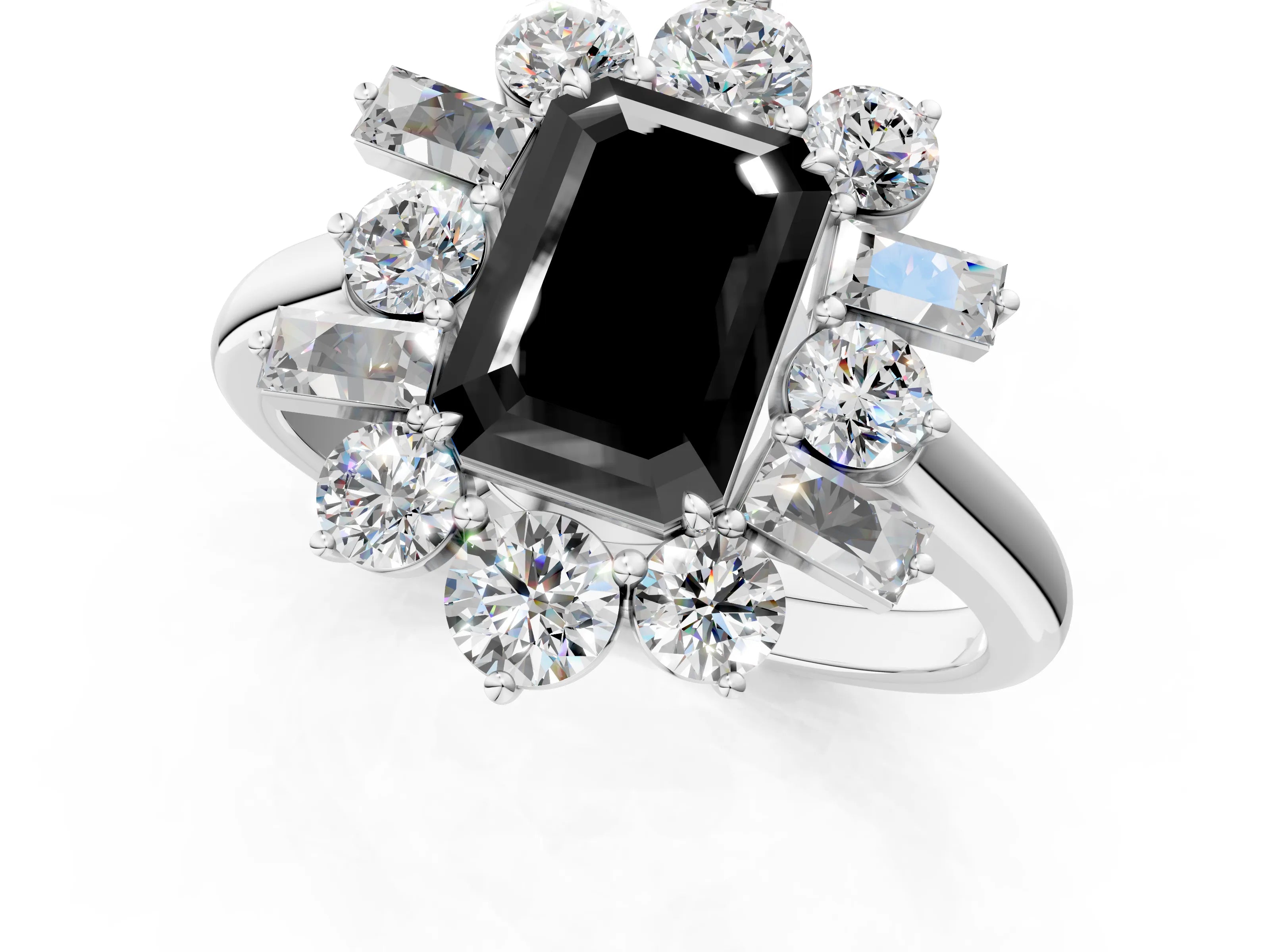 White gold Fancy Black Emerald Cut Diamond Cluster Ring with Round and Baguette Stones, Split Shank Band, Prong Setting_1