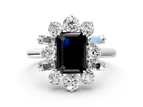 White gold Fancy Black Emerald Cut Diamond Cluster Ring with Round and Baguette Stones, Split Shank Band, Prong Setting_12