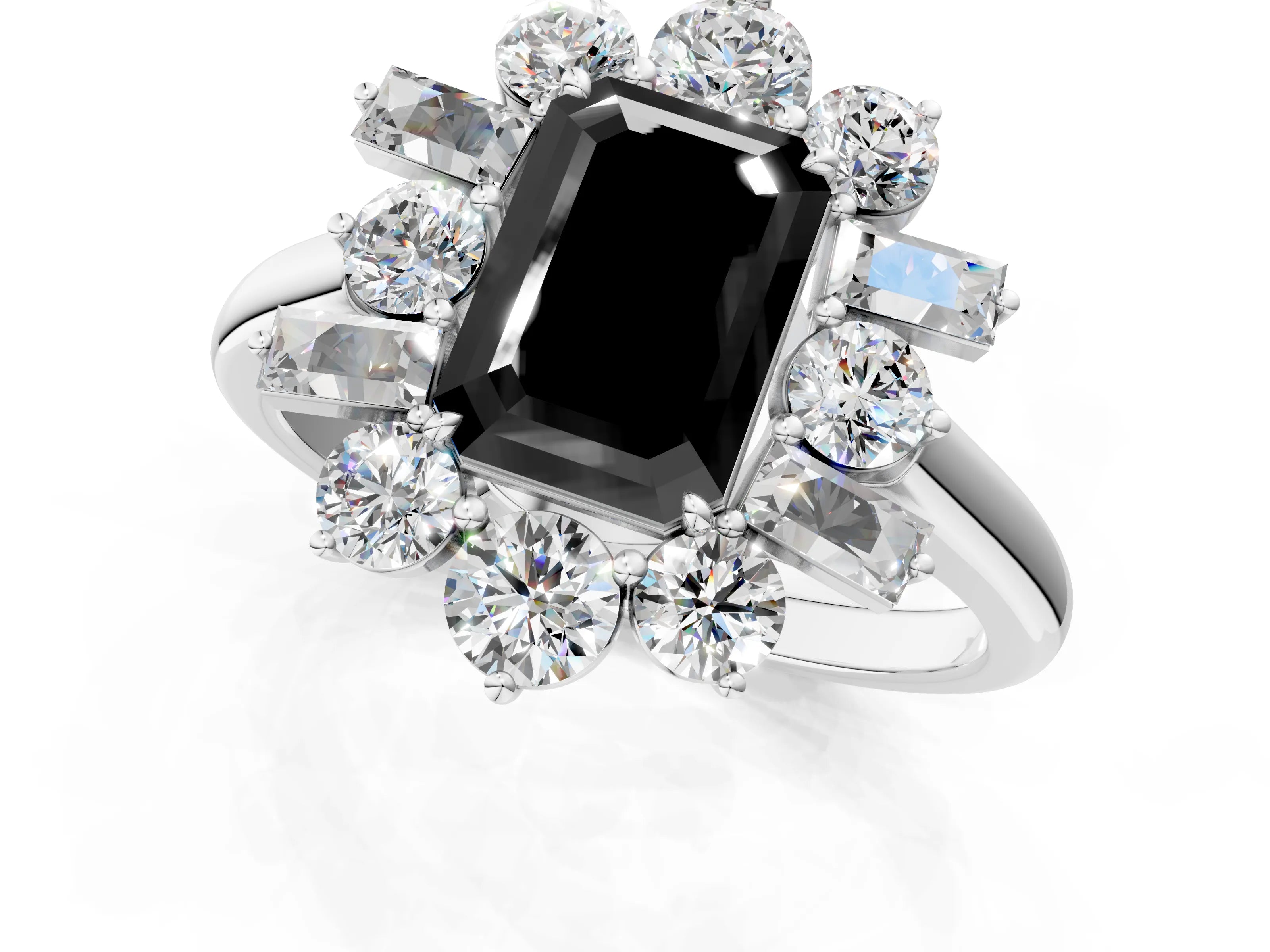 White gold Fancy Black Emerald Cut Diamond Cluster Ring with Round and Baguette Stones, Split Shank Band, Prong Setting_13
