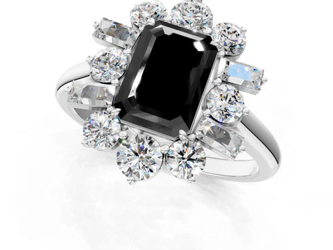 White gold Fancy Black Emerald Cut Diamond Cluster Ring with Round and Baguette Stones, Split Shank Band, Prong Setting_13
