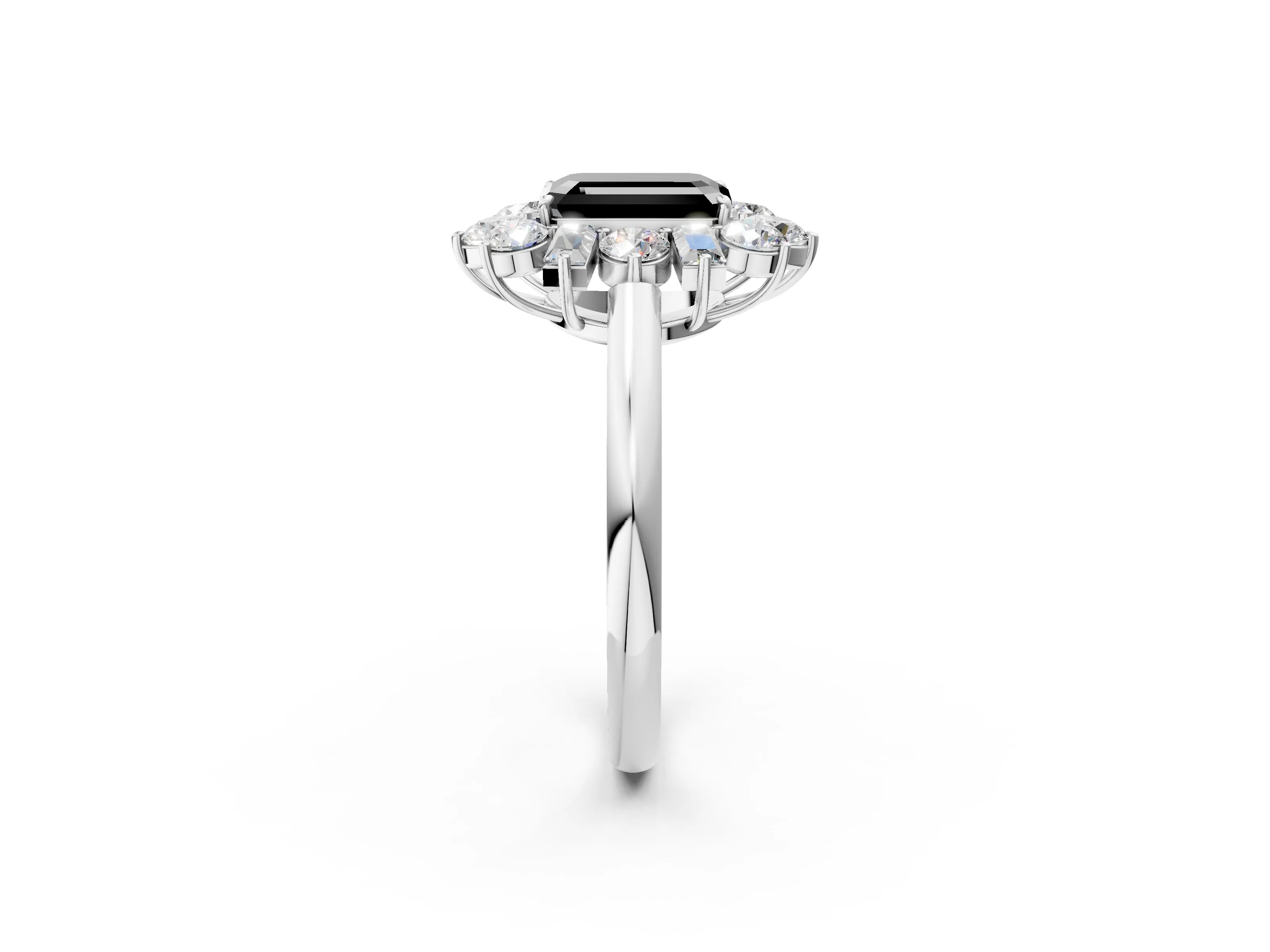 White gold Fancy Black Emerald Cut Diamond Cluster Ring with Round and Baguette Stones, Split Shank Band, Prong Setting_14