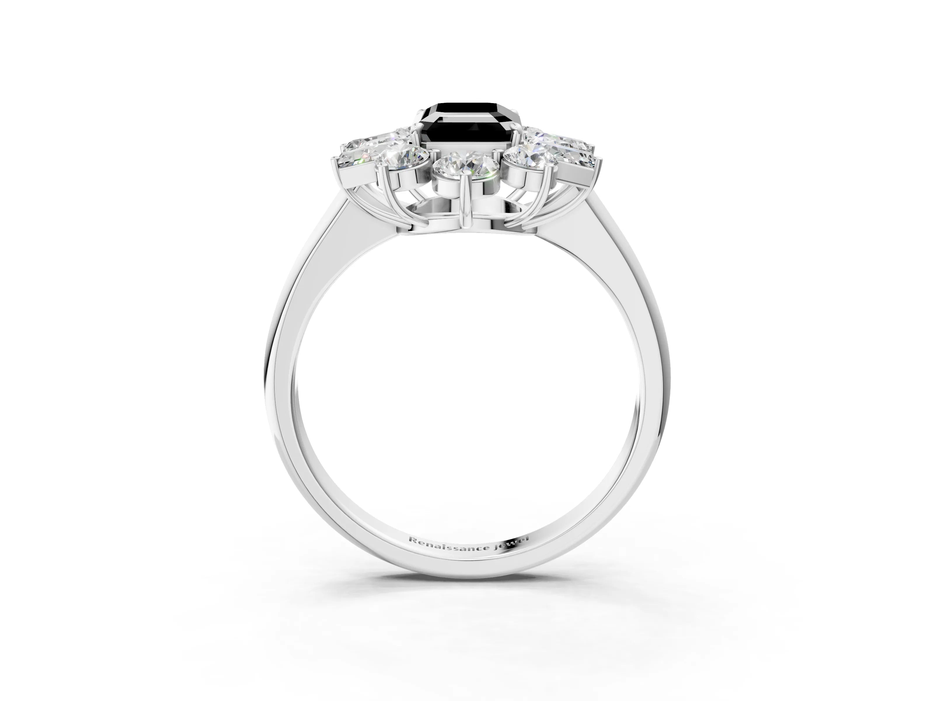 White gold Fancy Black Emerald Cut Diamond Cluster Ring with Round and Baguette Stones, Split Shank Band, Prong Setting_15