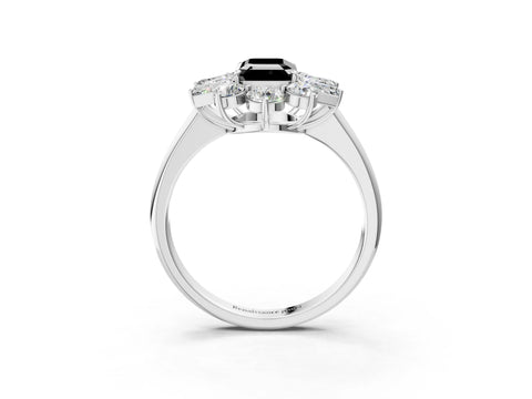White gold Fancy Black Emerald Cut Diamond Cluster Ring with Round and Baguette Stones, Split Shank Band, Prong Setting_15