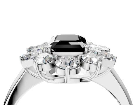 White gold Fancy Black Emerald Cut Diamond Cluster Ring with Round and Baguette Stones, Split Shank Band, Prong Setting_16