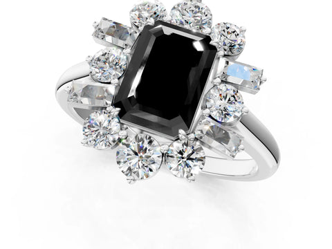 White gold Fancy Black Emerald Cut Diamond Cluster Ring with Round and Baguette Stones, Split Shank Band, Prong Setting_1