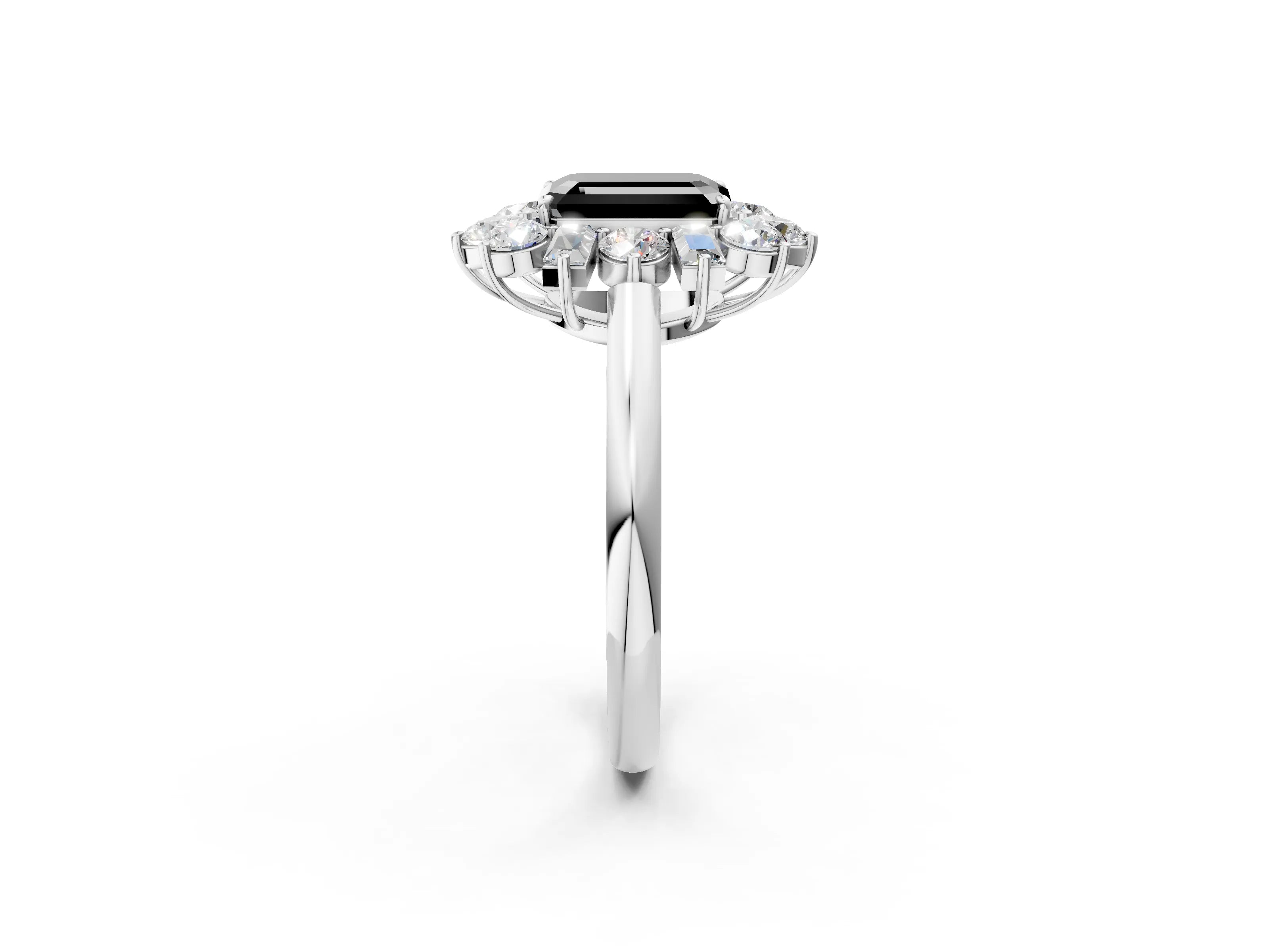 White gold Fancy Black Emerald Cut Diamond Cluster Ring with Round and Baguette Stones, Split Shank Band, Prong Setting_2
