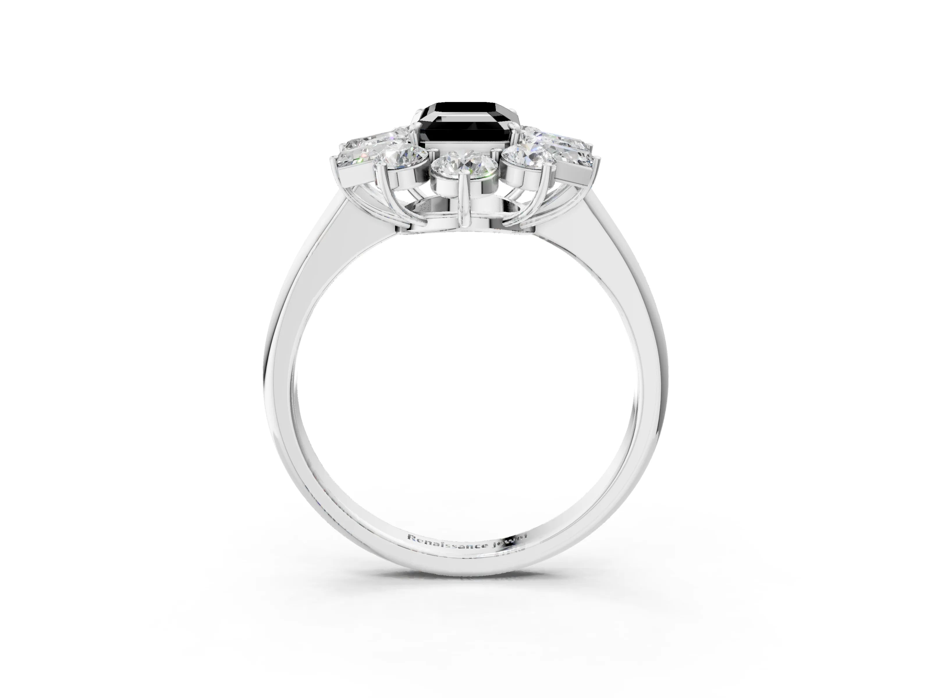 White gold Fancy Black Emerald Cut Diamond Cluster Ring with Round and Baguette Stones, Split Shank Band, Prong Setting_3
